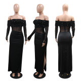 Sexy Off Shoulder Mesh Patchwork High Slit Beading Maxi Dress