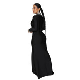 Black Rhinestone High Neck Long Sleeve Slit Evening Dress