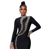 Black Rhinestone High Neck Long Sleeve Slit Evening Dress