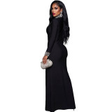 Black Rhinestone High Neck Long Sleeve Slit Evening Dress