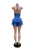 Women Knitting Crochet Halter Low Back Lace-Up Hollow Out Ruffles Romper