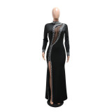 Black Rhinestone High Neck Long Sleeve Slit Evening Dress