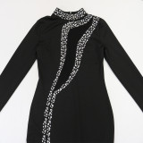 Black Rhinestone High Neck Long Sleeve Slit Evening Dress
