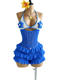 Women Knitting Crochet Halter Low Back Lace-Up Hollow Out Ruffles Romper