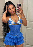 Women Knitting Crochet Halter Low Back Lace-Up Hollow Out Ruffles Romper