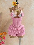 Women Knitting Crochet Halter Low Back Lace-Up Hollow Out Ruffles Romper