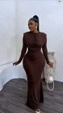 Elegant Long Sleeve Draped Maxi Evening Dress