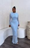 Elegant Long Sleeve Draped Maxi Evening Dress