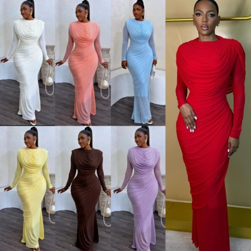 Elegant Long Sleeve Draped Maxi Evening Dress