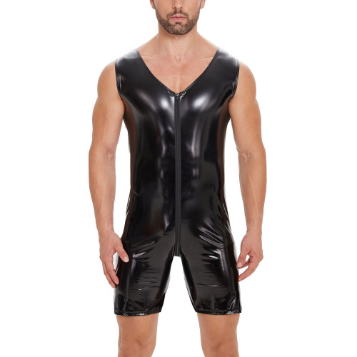 S-7XL Men's Lingerie PU Faux Leather Sleeveless Zipper Rompers
