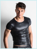 Men's PU Leather Two Piece Set Black Short Sleeve Tee and Shorts