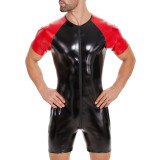S-7XL Men's Lingerie Contrast Color PU Faux Leather Short Sleeve Zipper Rompers