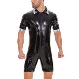 S-7XL Men's Lingerie PU Faux Leather Short Sleeve Zipper Rompers