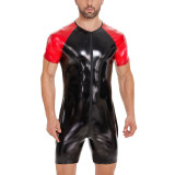 S-7XL Men's Lingerie Contrast Color PU Faux Leather Short Sleeve Zipper Rompers