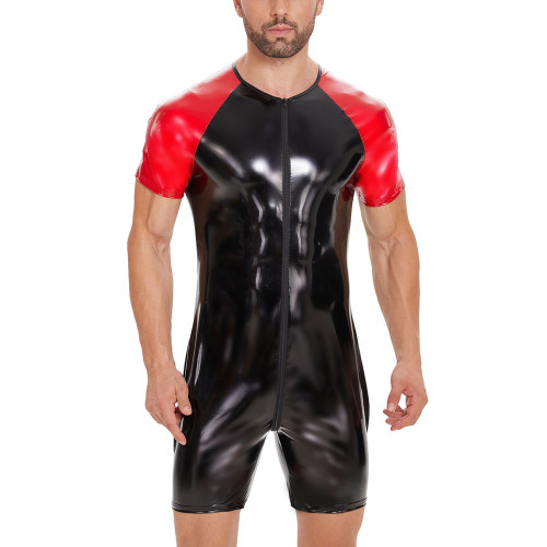 S-7XL Men's Lingerie Contrast Color PU Faux Leather Short Sleeve Zipper Rompers