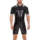 S-7XL Men's Lingerie PU Faux Leather Short Sleeve Zipper Rompers