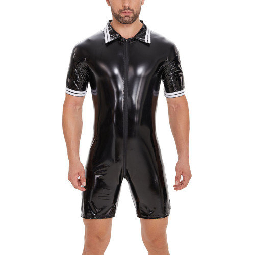 S-7XL Men's Lingerie PU Faux Leather Short Sleeve Zipper Rompers