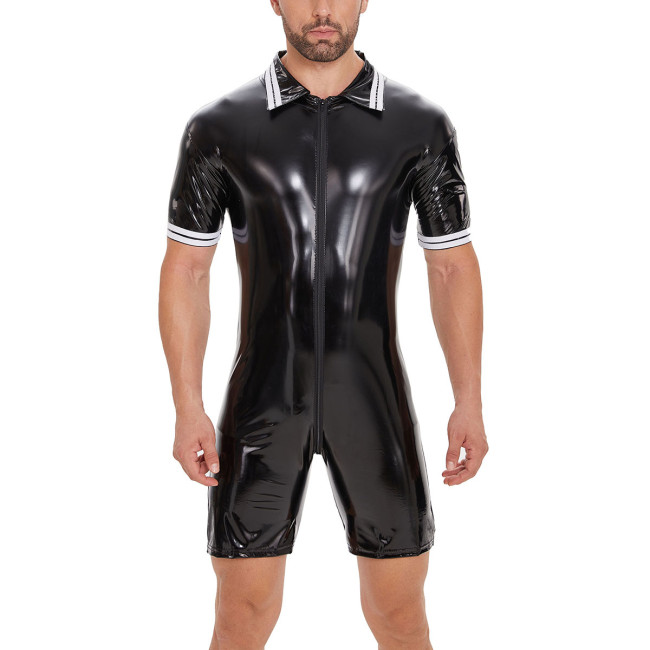 S-7XL Men's Lingerie PU Faux Leather Short Sleeve Zipper Rompers