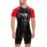 S-7XL Men's Lingerie Contrast Color PU Faux Leather Short Sleeve Zipper Rompers