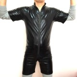 Men's PU Leather Sexy Lingerie Black Zipper Short Sleeve Romper Clubwear