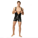 Men's PU Leather Sexy Lingerie Black Zipper Suspenders Shorts