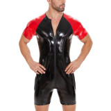 S-7XL Men's Lingerie Contrast Color PU Faux Leather Short Sleeve Zipper Rompers