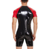 S-7XL Men's Lingerie Contrast Color PU Faux Leather Short Sleeve Zipper Rompers