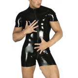 Men's PU Leather Sexy Lingerie Black Zipper Short Sleeve Romper Clubwear