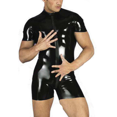 Men's PU Leather Sexy Lingerie Black Zipper Short Sleeve Romper Clubwear