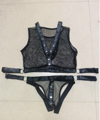 Men's PU Leather Mesh Lingerie Set Underwer