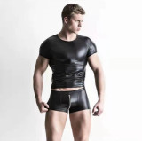 Men's PU Leather Two Piece Set Black Short Sleeve Tee and Shorts
