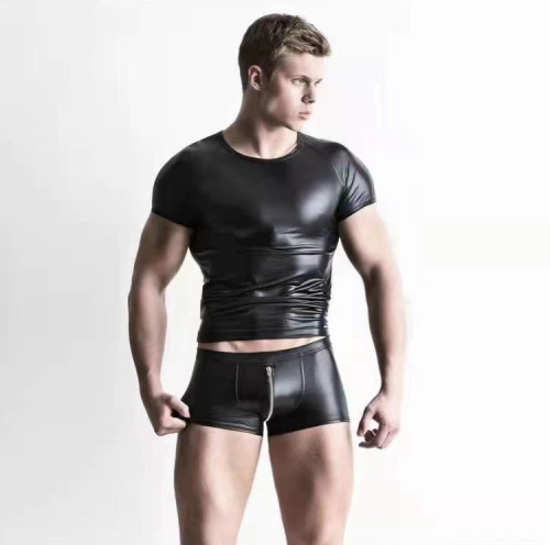 Men's PU Leather Two Piece Set Black Short Sleeve Tee and Shorts