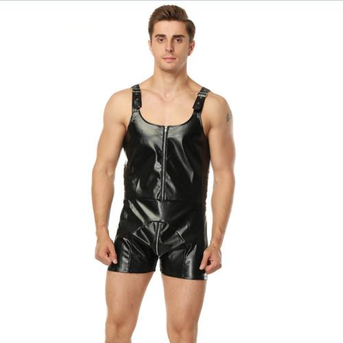 Men's PU Leather Sexy Lingerie Black Zipper Suspenders Shorts