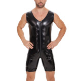 S-7XL Men's Lingerie PU Faux Leather Sleeveless Zipper Rompers
