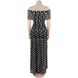 Elegant Polka Dot Print Mesh Off Shoulder Ruched Maxi Dress