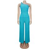 Solid Sleeveless One Shoulder Top and Straight Leg Pants Two Piece Set