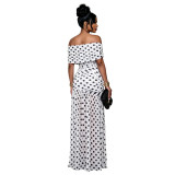 Elegant Polka Dot Print Mesh Off Shoulder Ruched Maxi Dress