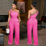 Solid Sleeveless One Shoulder Top and Straight Leg Pants Two Piece Set