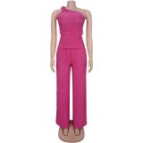 Solid Sleeveless One Shoulder Top and Straight Leg Pants Two Piece Set