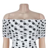 Elegant Polka Dot Print Mesh Off Shoulder Ruched Maxi Dress
