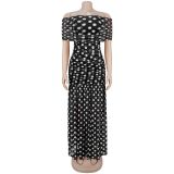 Elegant Polka Dot Print Mesh Off Shoulder Ruched Maxi Dress