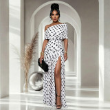 Elegant Polka Dot Print Mesh Off Shoulder Ruched Maxi Dress
