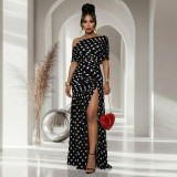 Elegant Polka Dot Print Mesh Off Shoulder Ruched Maxi Dress