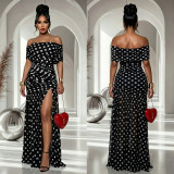 Elegant Polka Dot Print Mesh Off Shoulder Ruched Maxi Dress