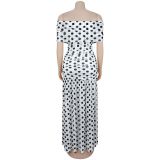 Elegant Polka Dot Print Mesh Off Shoulder Ruched Maxi Dress