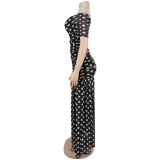 Elegant Polka Dot Print Mesh Off Shoulder Ruched Maxi Dress