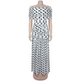 Elegant Polka Dot Print Mesh Off Shoulder Ruched Maxi Dress