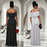 Elegant Polka Dot Print Mesh Off Shoulder Ruched Maxi Dress