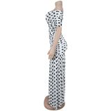 Elegant Polka Dot Print Mesh Off Shoulder Ruched Maxi Dress