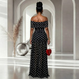 Elegant Polka Dot Print Mesh Off Shoulder Ruched Maxi Dress